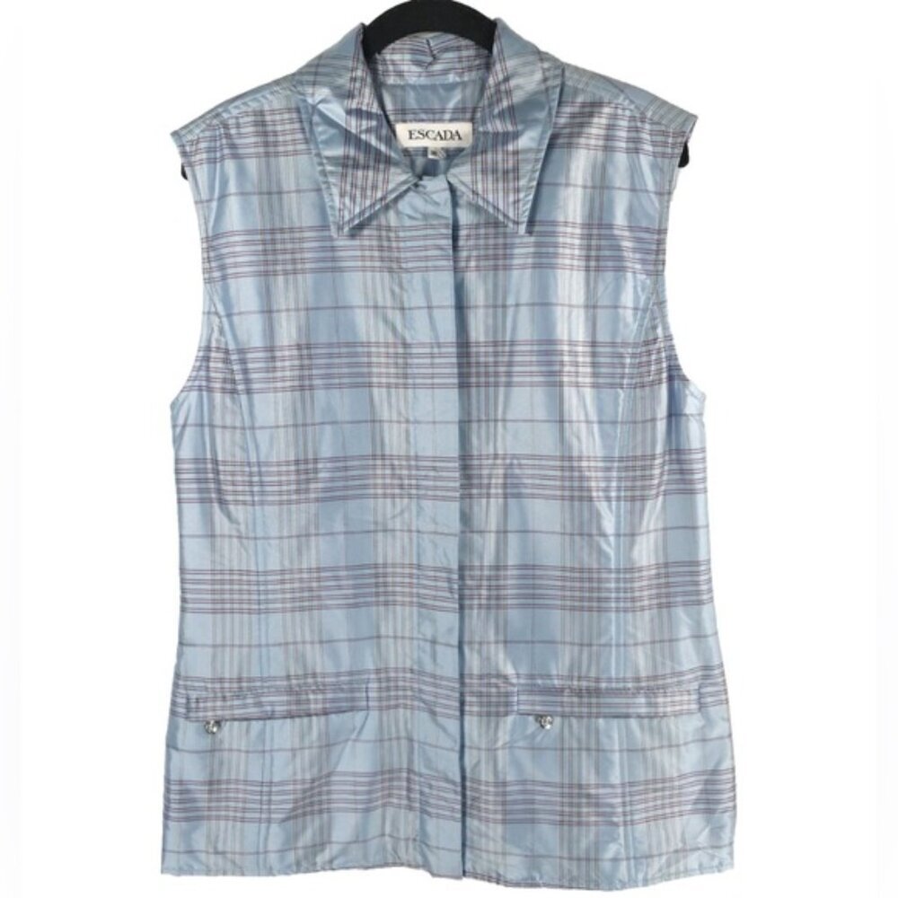 ESCADA 100% SILK‎ Pink Blue Tartan Plaid Full Zip Puffer Vest Jacket Top Size 38